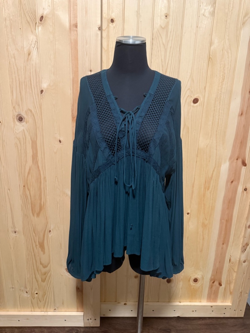 Free People Deep Teal Lace-Up Crochet Yoke Tunic